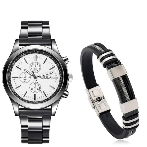 Heren Quartz Horloge En Armband Met Geschenkdoos Legering Roestvrij Staal Chronograaf Stijl Zakelijk Casual