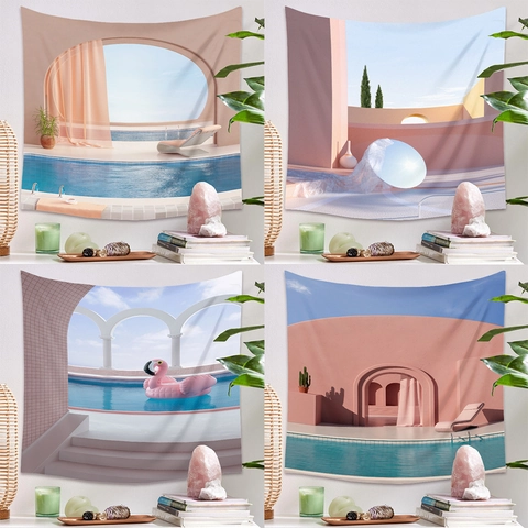Arazzo Da Parete Paesaggio Piscina Arco Surrealista Tessuto Poliestere Stile Bohémien Decorazione Camera Sfondo