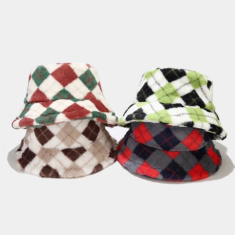 Cappello Da Pescatore In Peluche Invernale Da Donna Pelliccia Sintetica Caldo Ispessito Motivo Argyle A Quadri Casual