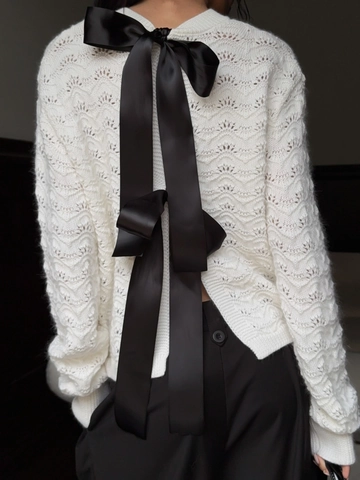 Pull En Maille Ajourée Blanc Pour Femme Dos Nu Avec Grands Nœuds En Satin Noir Manches Longues Mélange De Coton