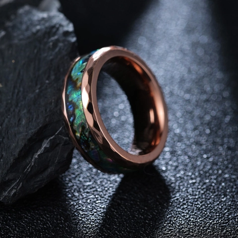 Heren Titanium Staal Abalone Schelp Inleg Ring Roségoud Gehamerd Diamantslijping Mode Band Ring Unisex Sieraden Cadeau