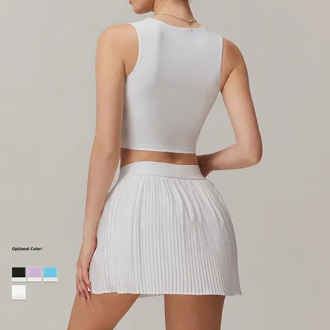 Women Sports Workout Yoga Set Pleated Skirt Ruched Crop Top Tennis Golf Suit Breathable Elastic Polyamide Elastane
