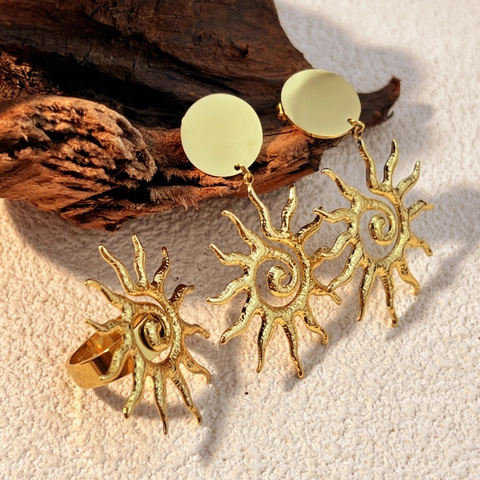 Set di Anelli e Orecchini a Spirale Solare in Acciaio Inossidabile Placcato Oro 18K per Donna Gioielli Vintage Martellati