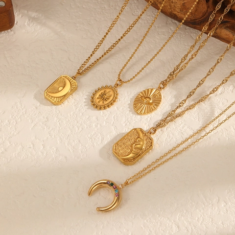 Collar Con Colgante De Acero Inoxidable 304 Chapado En Oro De 18K Para Mujer Joyas Celestiales Sol Luna Planeta Circón