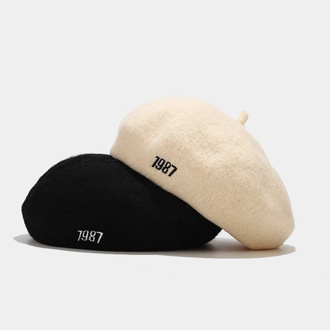 Women Wool Beret Hat Retro French Painter Style 1987 Embroidery Warm Soft Winter Autumn Headwear Solid Color