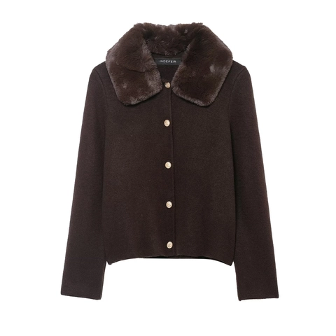 Damen Strickjacke Kunstpelzkragen Goldknöpfe Langarm Weich Warm Retro Stil Strickmantel