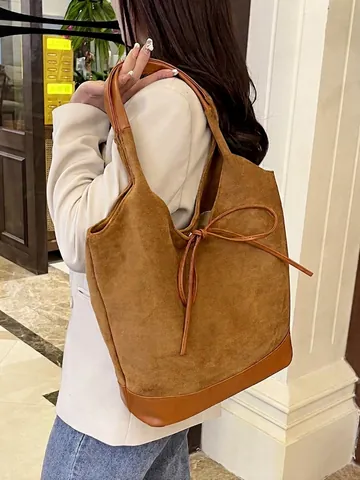 Große Kapazität Tote Bag Wildleder Optik PU Leder Nähte Schleife Dekor Schultertasche Lässig Pendeln Retro