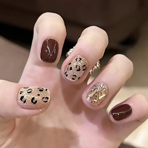 Faux Ongles Imprimé Léopard Français Luxe Strass Paillettes Dorées Ongles Artificiels Pour Femmes