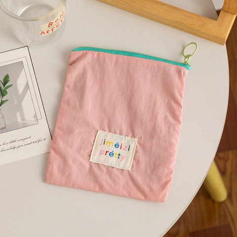 Mini Cosmetic Makeup Bag Polyester Portable Storage Pouch Contrast Color Zipper Round Ring Pull For Daily Travel Cute Ins Style