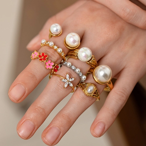 Stainless Steel Ring Women 18K Gold Plated Waterproof Artificial Pearl Zircon Flower Adjustable Open Geometric Vintage Luxury Jewelry