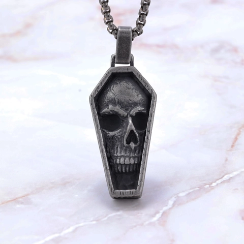 Coffin Skull Pendant Necklace Stainless Steel Gothic Punk Vintage Silver Jewelry For Men Women Hip Hop Biker Accessory