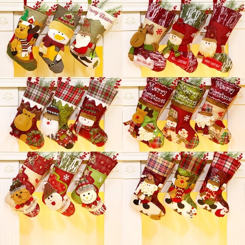 Chaussette De Noël Sac Cadeaux Bonbons Avec Père Noël Bonhomme De Neige Renne 3D Peluche Toile De Jute Pendentif Arbre