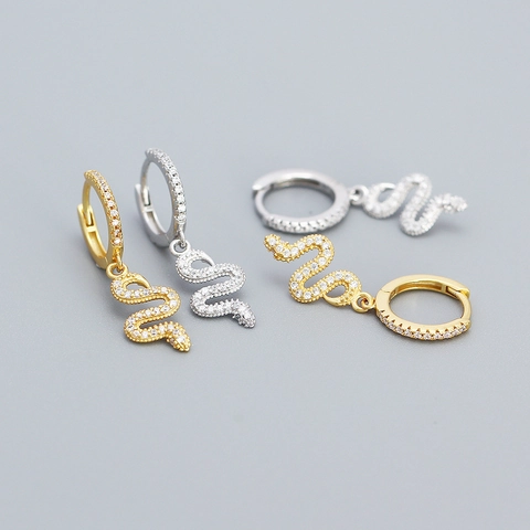 Schlangen Anhänger Hoop Ohrringe 925 Sterling Silber Zirkonia Tier Funkelnd Modisch Damen Schmuck