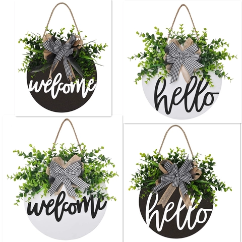 Welcome Door Sign Round Wood Wreath With Artificial Eucalyptus And Burlap Bow Farmhouse Hello Hanger Decoration