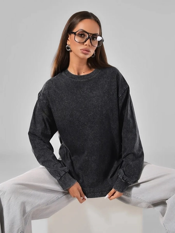 Women Oversized Cotton Sweatshirt Vintage Acid Wash Distressed Rundhalsausschnitt Langarm Streetwear Top