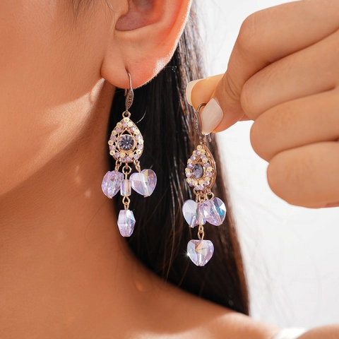 Vintage Bohemian Dangle Earrings With Zircon Glass Crystal Heart And Water Drop Pendant Retro Palace Style Jewelry Women