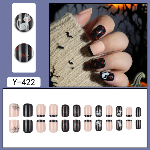 Halloween Press On Nails Short Square Resin Glossy Heart Spider Web Cat Pattern For Women Party Spooky Cute Manicure