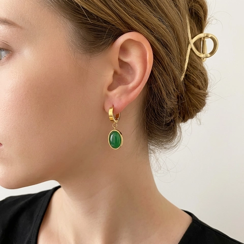 Emerald Green Earrings Titanium Steel French Vintage Gold Plated Geometric Dangle Studs Elegant Jewelry For Women