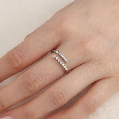 Elegant Silver Copper Open Adjustable Ring For Women Micro Pave Zirconia Artificial Pearl Double Layer Fashion Jewelry Gift