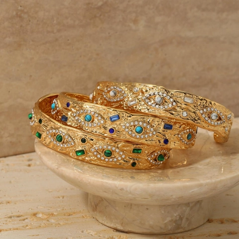 Evil Eye Manschettearmband Edelstahl Hammerschlag-Optik Zirkonia Verstellbarer Armreif Retro Boho Schmuck Damen