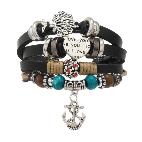 Handmade Retro Multilayer Cowhide Alloy Braided Bracelet Vintage Tree Of Life Anchor Heart Butterfly Multi Layer Jewelry