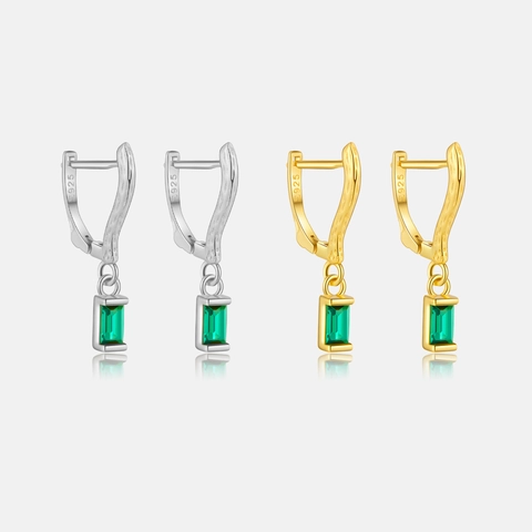 Orecchini Cerchio Argento Sterling 925 Zircone Verde Smeraldo Rettangolare Design Geometrico Martellato Vintage Donna