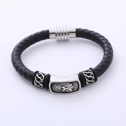 Bracciale In Pelle Intrecciata Con Testa Di Leone Acciaio Inossidabile 316L Chiusura Magnetica Stile Punk Retrò Per Uomo