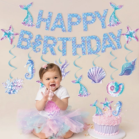 Decorazioni Per Festa Di Compleanno Tema Sirena Banner In Cartone Spirali Appese Decorazioni Per Torte Sfondo Oceano Poliestere
