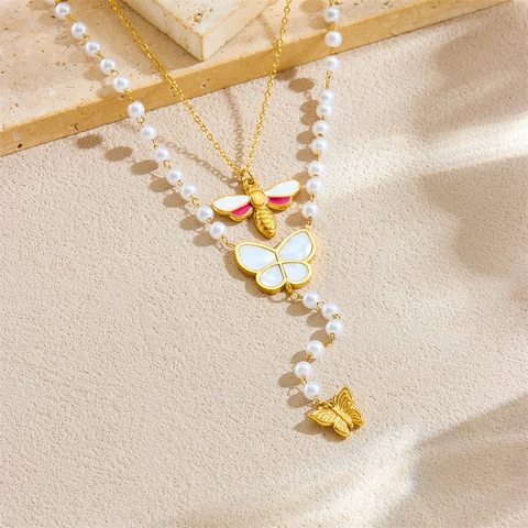 Stainless Steel Layered Necklace With Mother Of Artificial Pearl Butterfly Enamel Bee Pendants Imitation Artificial Pearl Vintage Jewelry Women