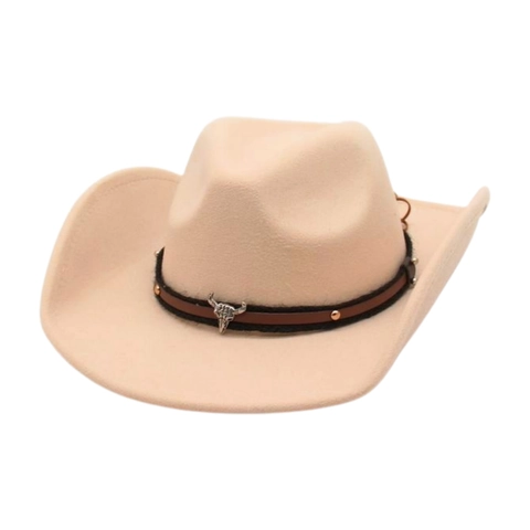 Western Cowboy Hat Wide Brim Wool Felt Ethnic Bull Head Turquoise Beads Tassels Vintage Fedora
