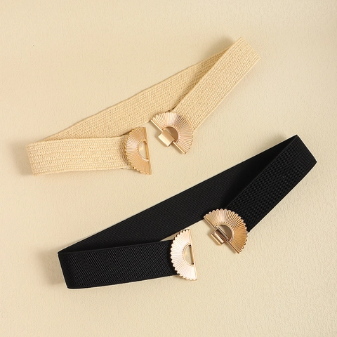 Damen Mode Elastischer Taillengürtel Metall Ineinandergreifende Schnalle Beige PP Stroh Gewebter Gürtel Schwarz Stretch Korsettgürtel
