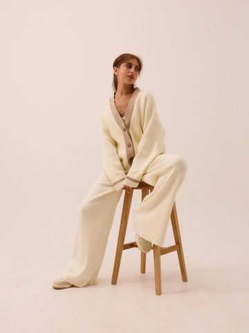 Cardigan In Maglia E Pantaloni A Gamba Larga Donna Scollo A V Bordi A Contrasto Look Casual Misto Cotone