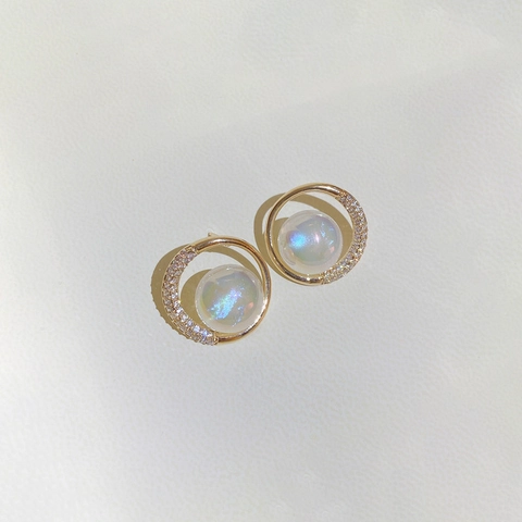 Orecchini A Lobo In Rame Placcato Oro Eleganti Con Perla Artificial Sirena Iridescente Intarsio In Zircone E Perno In Argento 925