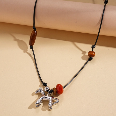 Collana Lunga Da Maglione Boho Con Ciondolo Cavallo In Lega Perline Occhio Di Tigre Legno Resina Retro
