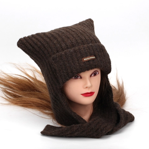 Japanese Cute Cat Ear Knit Hat For Women Winter Thick Warm Integrated Balaclava Neck Warmer Scarf Ear Protection Knitted Hat
