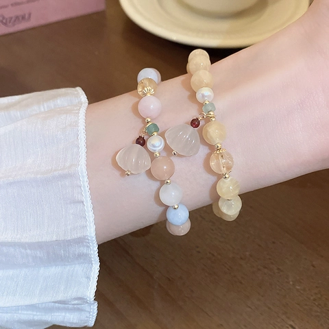 Pulsera De Cuentas De Piedra Natural Elegante Con Perla De Agua Dulce Y Colgante De Concha Tallada Joyería Para Mujer