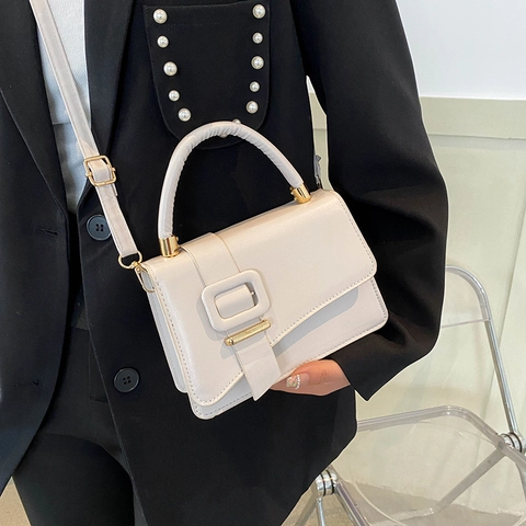 European Vintage PU Leather Mini Square Shoulder Bag For Women Fashion Solid Color Crossbody Bag With Large Square Buckle