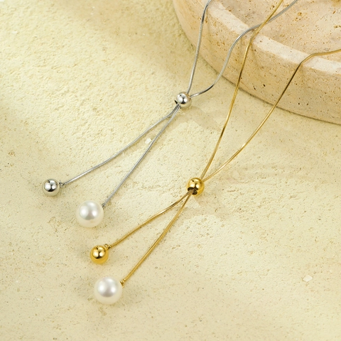 Collana a Y Regolabile in Acciaio Inossidabile Con Pendente in Perla Artificiale Catena a Serpente Lunga Gioielli Oro Argento Donna