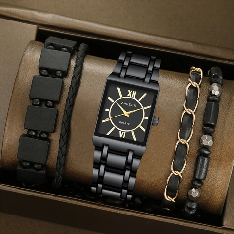 ZHPEER Men's Business Square Quartz Watch Set Alloy Stainless Steel Strap Casual Fashion Men Wrist Watch Gift Set With Bracelets