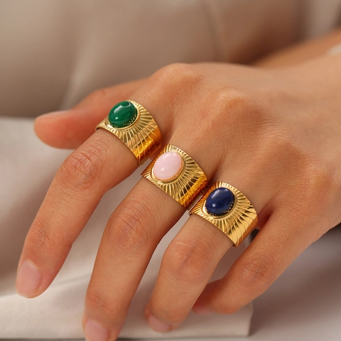 Vintage 18K Gold Plated Stainless Steel Wide Band Open Ring With Oval Natural Stone Sunburst Texture For Women
