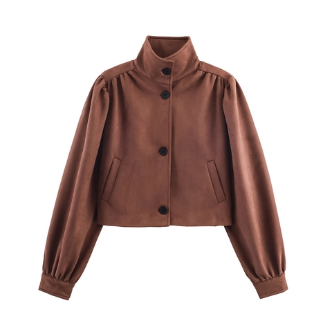 Women Suede Texture Short Jacket Stand Collar Puff Sleeve Single Breasted Retro Autumn Outerwear