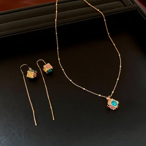 Necklace And Earrings 18K Gold Plated Copper Colorful Cat's Eye Stone Cube Pendant Vintage Retro Light Luxury For Women