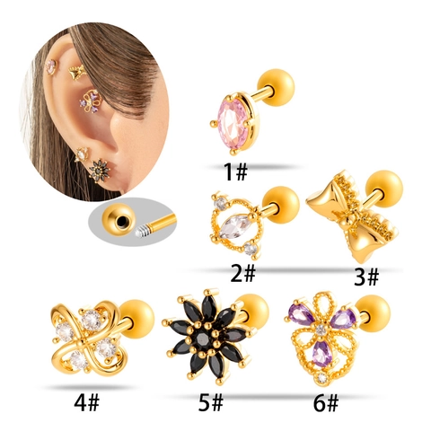Vintage Chirurgisch Stalen Oorkraakbeen Piercing Studs Zirkoon Bloem Strik Hart Schroefsluiting Oorbellen Lichaamssieraden