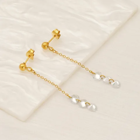 Stainless Steel Dangle Earrings 18k Gold Plated Long Chain Tassel Zircon Inlaid Geometric Fashion For Women