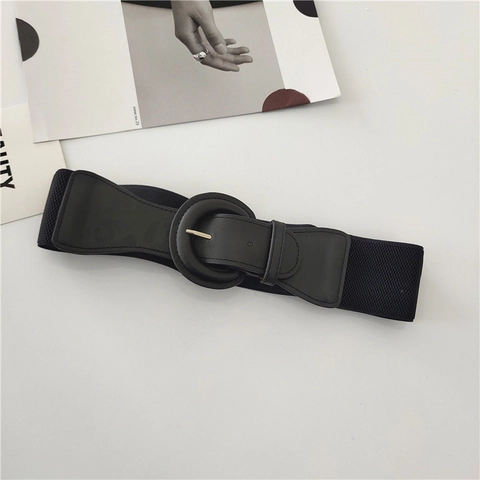 Women's Fashion Wide Elastic Waist Belt With Large Round Buckle For Dresses Coats Sweaters Black Artificial Leather Cinch Belt