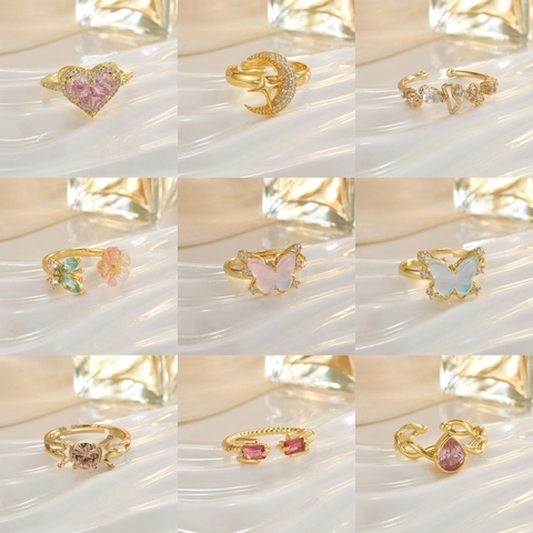 Fashion Korean Style Copper Open Rings For Women Pink Heart Flower Butterfly Crown Inlaid Rhinestone Adjustable Rings Fashion Jewelry