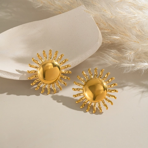 Orecchini A Bottone Sole Placcato Oro 18K Acciaio Inossidabile Impermeabile Ipoallergenico Lucido Vintage Per Donne