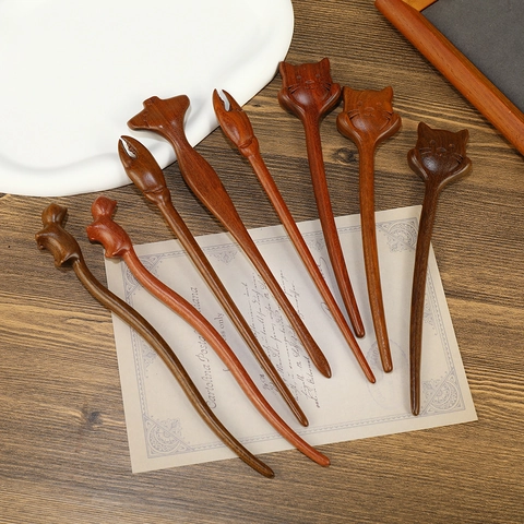Hand Carved Wooden Hair Stick Natural Sandalwood Hairpin Retro Chinese Style Animal Flower Hair Accessory For Women