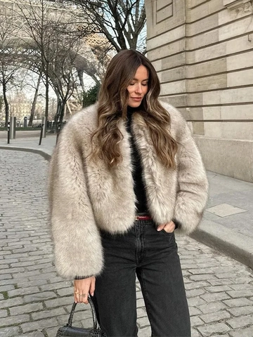 Manteau Fausse Fourrure Femme Court Doux Veste Chaude Élégante Hiver Streetwear Vêtements D'extérieur Manches Longues