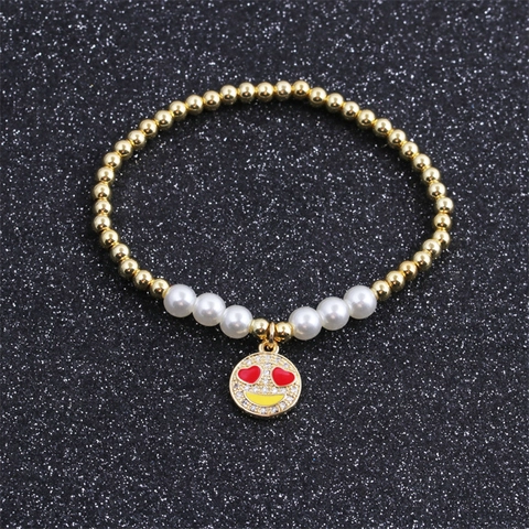 Fashion Smiley Face Beaded Bracelet Copper Gold Plated Imitation Artificial Pearl Zircon Heart Eyes Enamel Charm Jewelry For Women